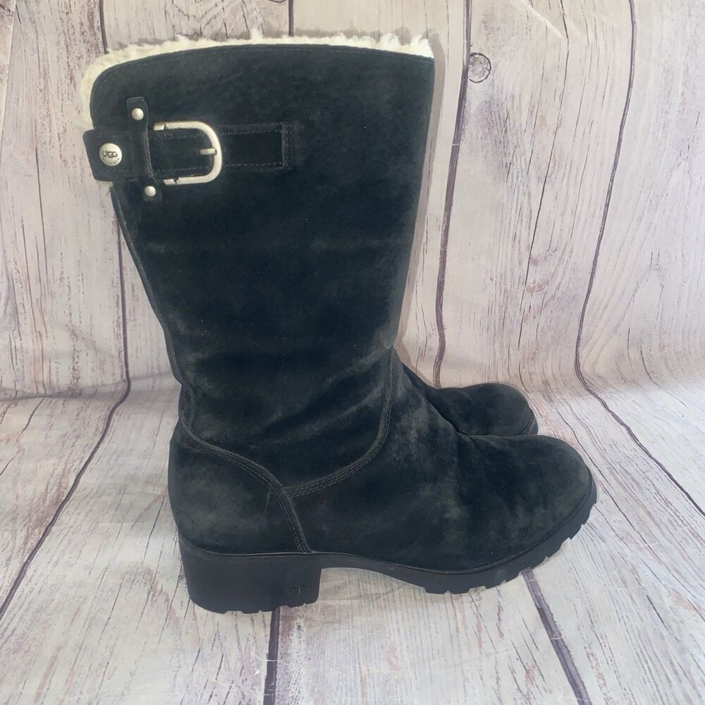 UGG Australia Maddison Boots Womens 10 Black Suede Shearling Moto Biker 1912